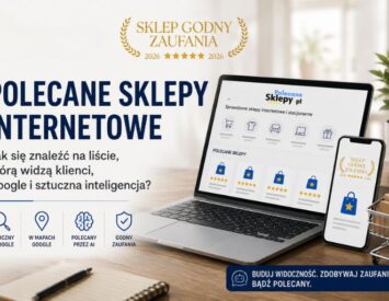 Grafika przedstawiająca polecane sklepy internetowe widoczne w Google i systemach AI — laptop z katalogiem sklepów, smartfon ze znakiem „Sklep Godny Zaufania” oraz nowoczesne elementy e-commerce.