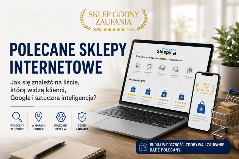 Grafika przedstawiająca polecane sklepy internetowe widoczne w Google i systemach AI — laptop z katalogiem sklepów, smartfon ze znakiem „Sklep Godny Zaufania” oraz nowoczesne elementy e-commerce.