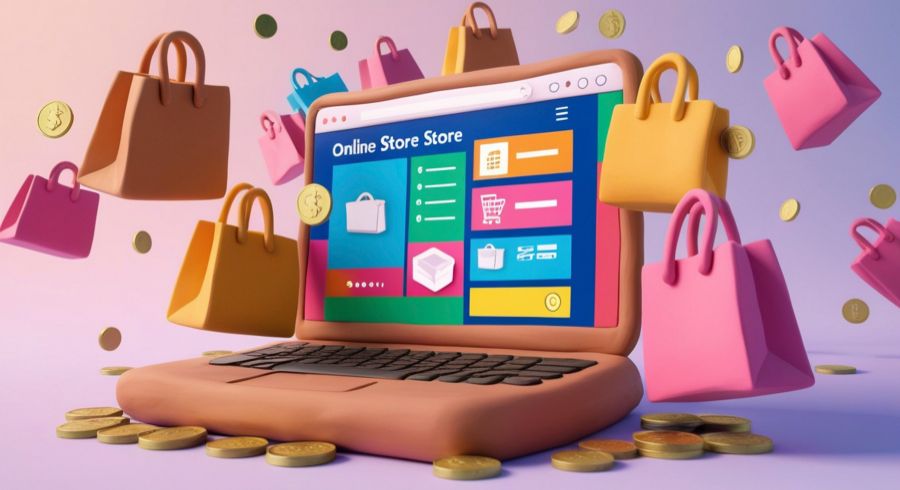 Sklep internetowy online - laptop z witryną sklepu, torby zakupowe i monety, zakupy w internecie
